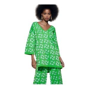 Zara Jacquard Knit Bright Green/Silver V-Neck Oversized Top Mini Dress